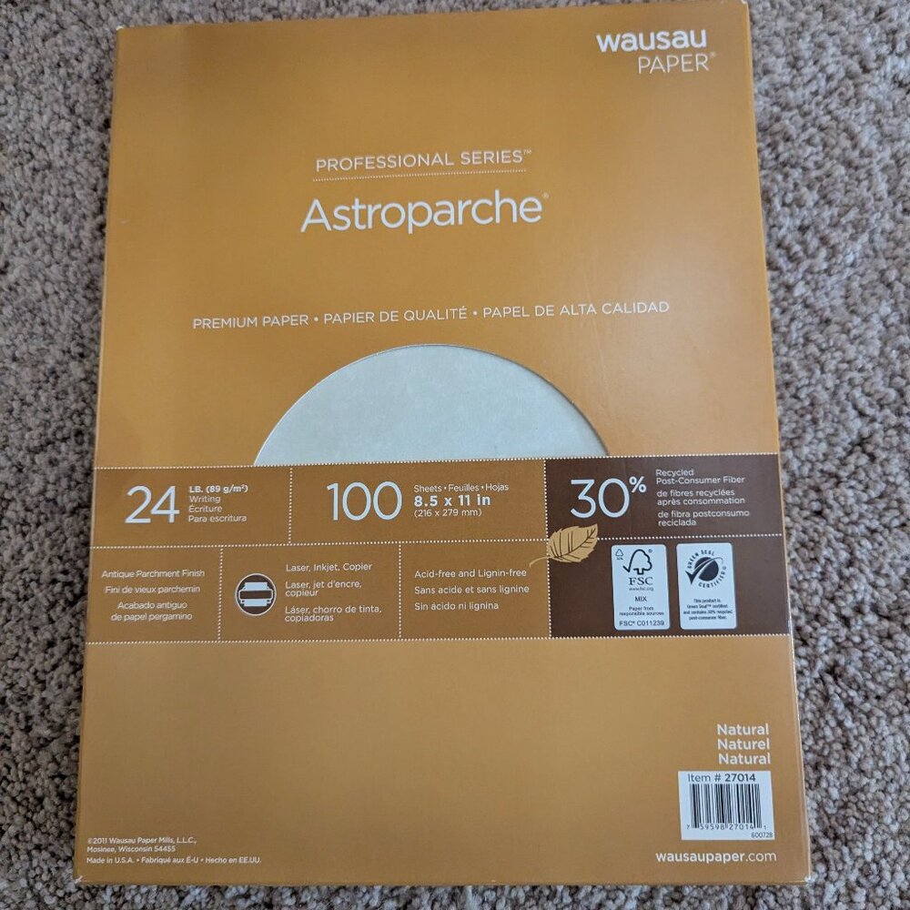 NIB Astroparche 100 ct. Natural Colored Premium Paper 24 lb. Professional Series